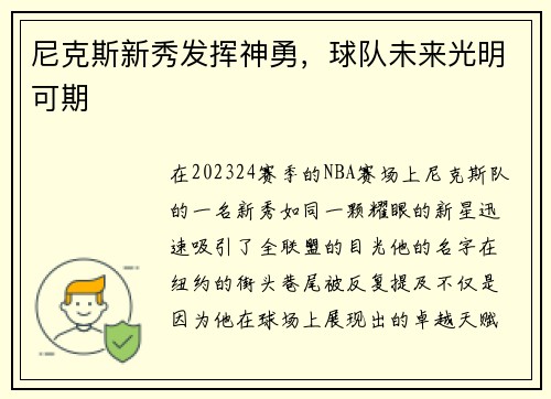 尼克斯新秀发挥神勇，球队未来光明可期
